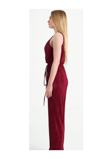 MOREPERLA Women's Burgundy Strappy Belted Low-Cut Backless V-Neck Fleece Jumpsuit