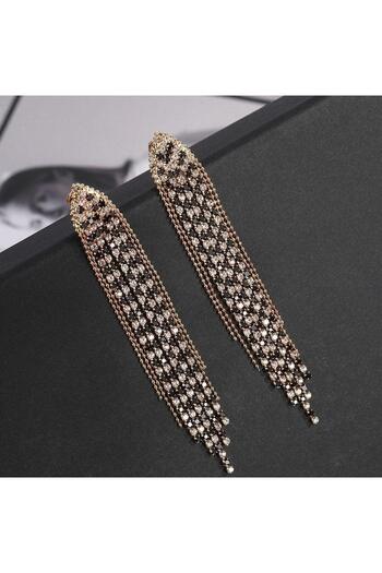 Pursehuit Long gold earrings with clips and black stones, Elai C2