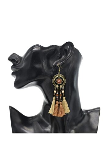 Pursehuit Long golden earrings with tassels and brown beads, Lasse C1