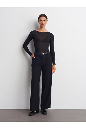 Dilvin 72171 Belted Wide Leg Fabric Trousers-Black