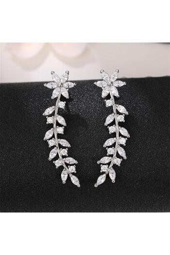 Pursehuit Long silver earrings with leaves and zirconia stones, Benno C15