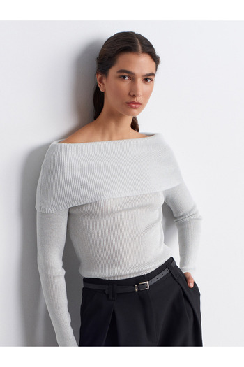 Dilvin 10808 Bardot Collar Ribbed Glitter Knit Sweater-Light Gray