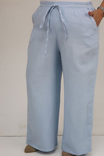 Eslina 59021 Plus Size Elastic Waist Muslin Wide Leg Pants - Light Blue