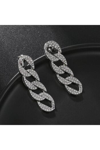 Pursehuit Silver earrings, with clips, long, with links and stones, Elara C1