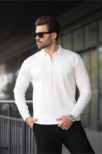 Madmext White Polo Neck Zippered Men's Sweater E7427