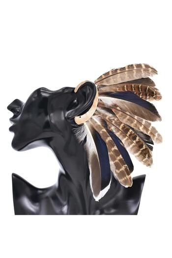 Pursehuit Ear cuff, gold, hippie style, with brown feathers, Kaila C4