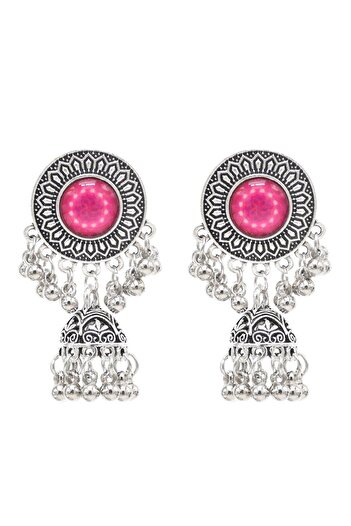 Pursehuit Silver earrings, Indian style, with bells and pink stones, Pede C3