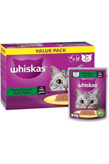 Whiskas Tuna in Jelly Wet Cat Food Pack of 12x80g, Wet Food for 1+ Years Adult Cats, Complete and Ba
