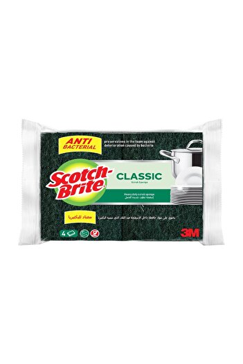 Scotch Brite Scotch-Brite Anti-Bacterial Classic Heavy Duty Scrub Sponge – 4 Pcs (10x7x2.5 cm Each)