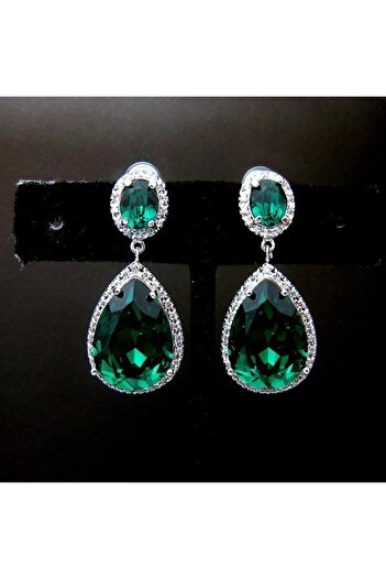 Pursehuit Silver earrings, teardrop shape, with green zirconia stones, Sicily C14