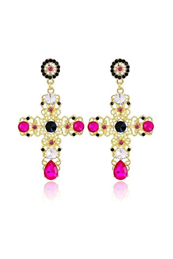 Pursehuit Golden earrings, cross shape, with pink stones, Pippa C4