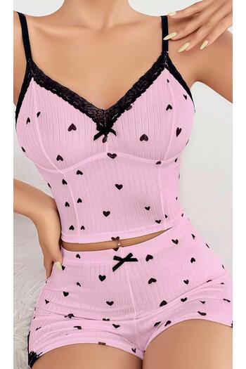 Budi Women's Pink Heart Patterned Strap Shorts Pajama Set 5013