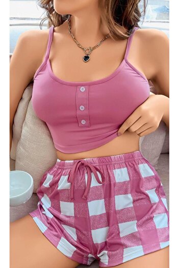Budi Women's Pink Check Patterned Strap Shorts Pajamas Suit 5003