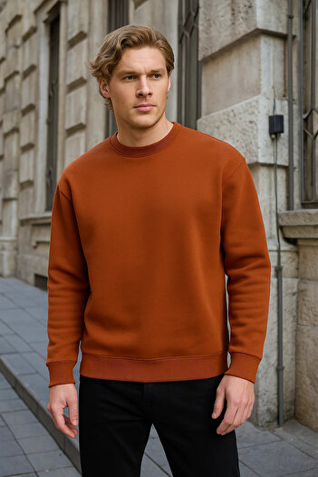 COMBİNE MİCHAİL Men's Crew Neck Casual Cinnamon Sweatshirt