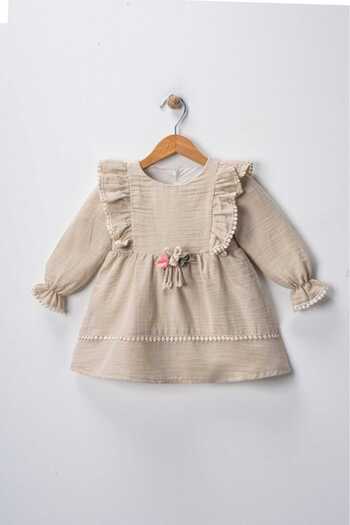 Pio Kids Cotton Comfortable Long Sleeve, Brooch and Lace Detailed Muslin 6-24 Months Girl's Baby Dress