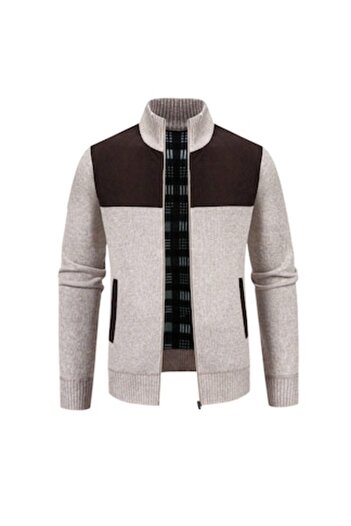 The Casius. Cardigan for men with zip and ribbed material inserts, size XL, beige brown, The Casius