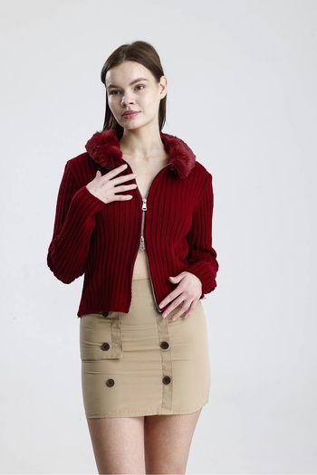 Lusin Women's Stylish Double Zipper and Fur Collar Detailed Burgundy Knitwear Cardigan