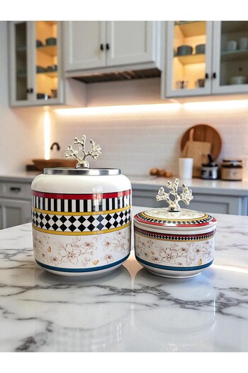 ferayhome Kitchen Accessory Set of 2 Oval Butterfly Patterned Box Silver with Butterfly Pattern