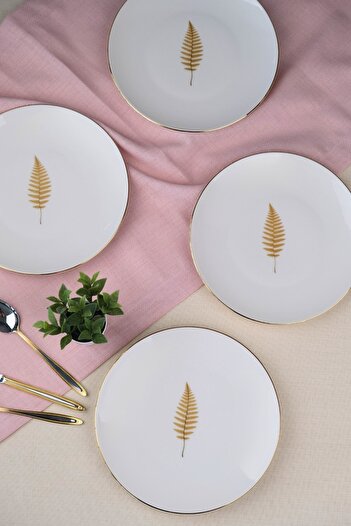 tabakevi Tabak Evi Porcelain Natura Fern Gold Gilded Cake Plate 20.50cm Set of 4