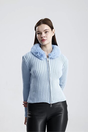Lusin Women's Stylish Double Zipper and Fur Collar Detailed Blue Knitwear Cardigan