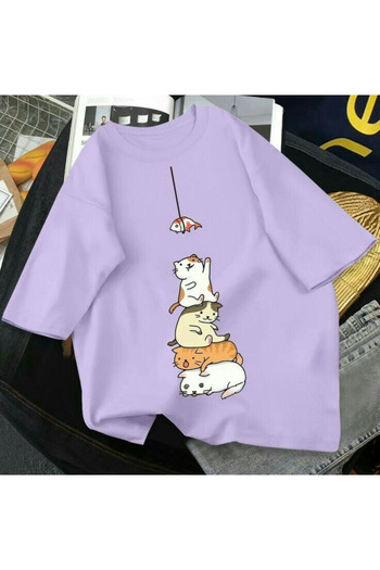 PENTHİLUS Comfortable Cat Print Round Neck Low Sleeve T-Shirt