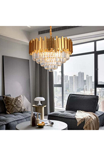 RFAN Chandelier, Model WL339/400, Crystal Texture, Metal, 5 X E27, Gold