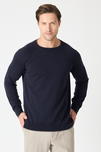 Frappoli Lunox Men's Navy Blue Italian Ribbed Cotton Sports Crew Neck Sweater