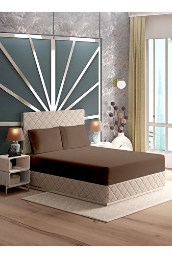 American Linen King Plain Fitted Elastic Bedsheet with 2 Pillow Case 200 x 200 Cm Coffee Brown