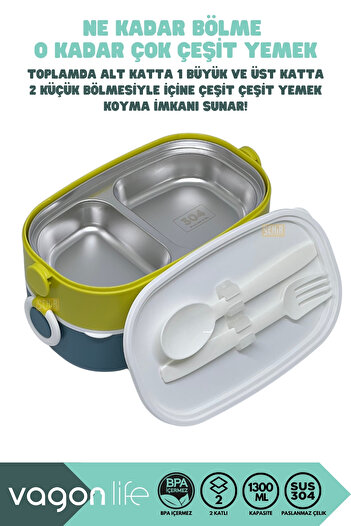 Vagonlife Bento 1300ml Lunchbox New Collection 2 Layer 3 Compartment Stainless Steel Lunch Box Food Container