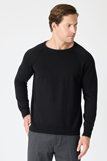Frappoli Lunox Men's Black Italian Ribbed Cotton Sports Crew Neck Sweater