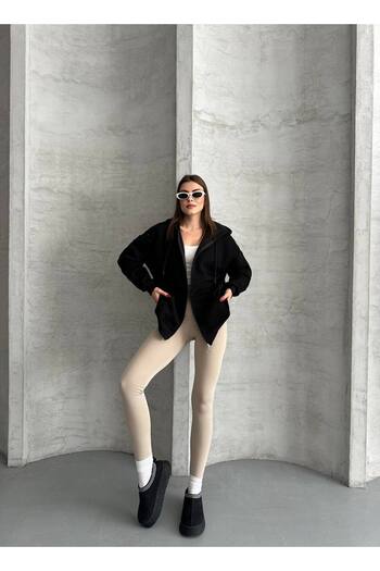 ZF BUTİK Women's Oversize Zippered & Hooded Sweatshirt