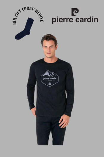 Pierre Cardin Men's Black Long Sleeve Cotton Pajama Set with 1 Pair of Socks as a Gift