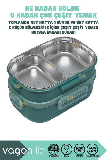 Vagonlife Bento 1650ml Lunchbox New Collection 2 Layer 3 Compartment Stainless Steel Lunch Box Food Container