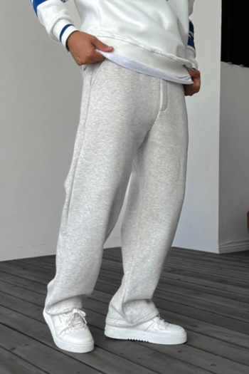INFLUYENTE Men's Gray Buggy Cut Winter Fleece-Lined Wide-Leg Sweatpants