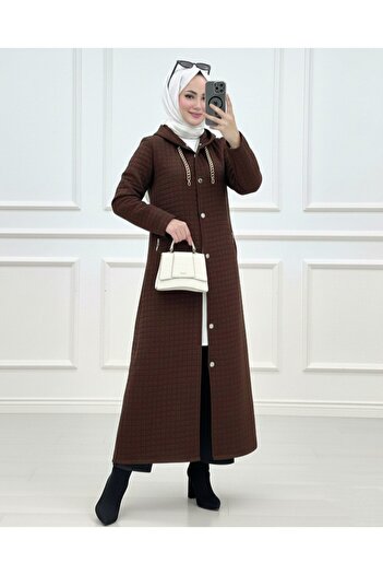 Modamorfo Long Quilted Coat with Chain Detail on the Collar - K. Brown