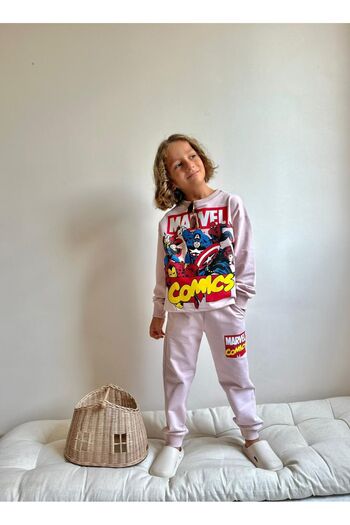 WİKİBOOM Beige Color Marvel Printed 2-Ply Seasonal Bottom and Top Boy's Set