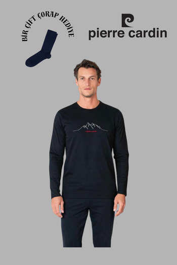 Pierre Cardin Men's Black Long Sleeve Cotton Pajama Set with 1 Pair of Socks as a Gift