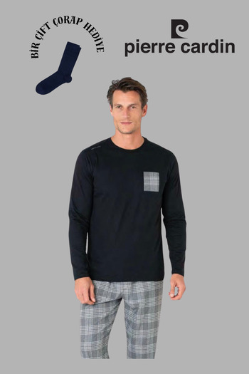 Pierre Cardin Men's Black Long Sleeve Plaid Cotton Pajama Set with 1 Pair of Socks as a Gift