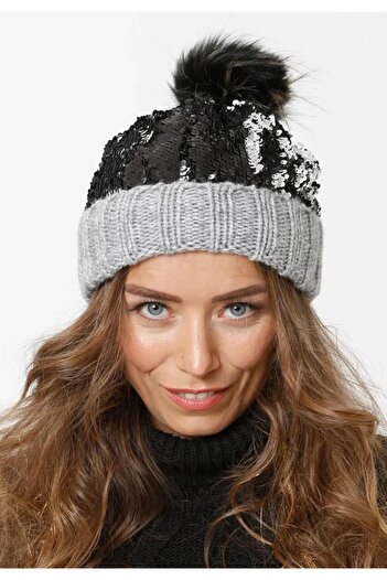 Wearflawless Women's Grey Glitter Beanie Winter Soft Acrylic Pompom Beanie