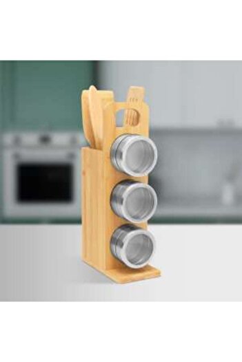 Bewello Magnetic Spice Rack – Bamboo Tool Set – 7 pieces – 80 x 135 x 275 mm