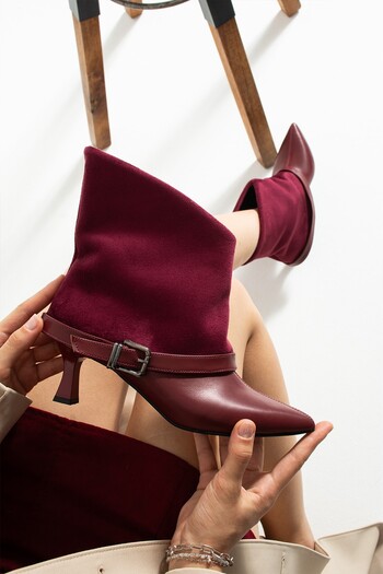 MissPapatya Serina Women's Red Thin Heeled Suede Leather Detailed Ankle Boots