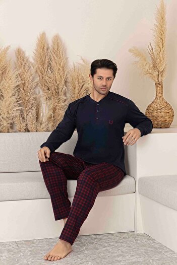 Tarık Men's Plaid and Square Pattern Long Sleeve Interlock Fabric Seasonal Pajama Set with Buttons and Pockets