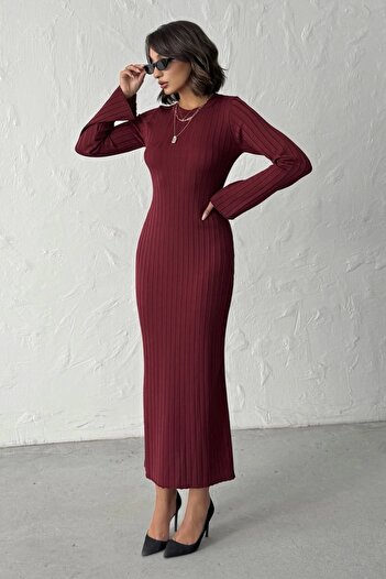 Lusin Women's Burgundy Long-Sleeved Stylish Elegant Midi Length Knitwear Dress