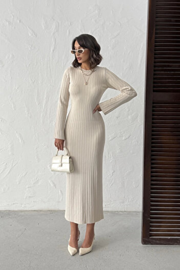Lusin Women's Beige Long Sleeve Stylish Elegant Midi Length Knitwear Dress