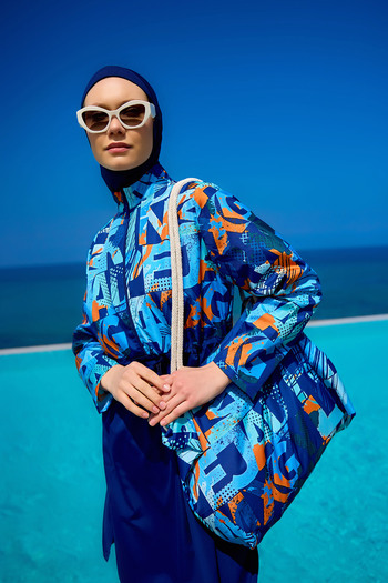 A Andalus Navy Blue Full Covered Hijab Swimsuit |   4 Piece Suit, Water Repellent, Quick Dry R2503
