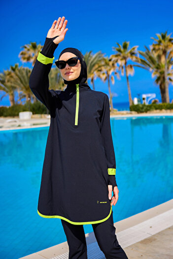 Marina Swimwear Black Full Covered Hijab Swimsuit with Oval Skirt Hem, with Fastening M2531