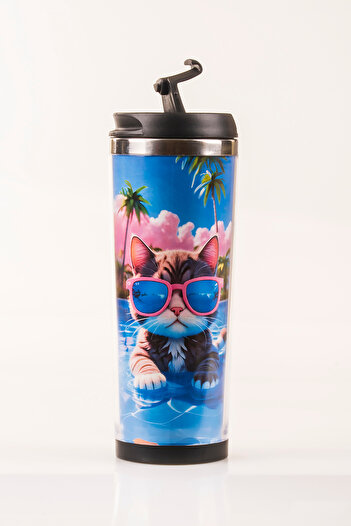 MUKKO HOME Cat Decorated Steel Mug - 360 ml |   Leak-Proof Lid, Steel Inner Bowl, 19 cm
