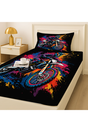 Else Dekor Colorful Biker Patterned Elastic Single Bed Sheet Set with Pillowcase 100X200Cm