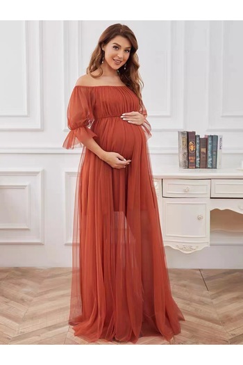 MorooJ Off Shoulder Maternity Dress - Long Maxi Dress with Wide Waist, Suitable for Baby Showers and Weddings