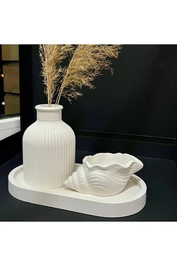 Zigzag Home Decorative 3 Piece Vase Set Oval Tray, Pampas Vase and Seashell Candlestick Candle Holder Set Trinket